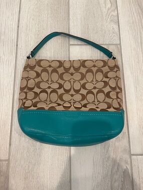 Coach Tan Signature Canvas Shoulder Bag with Teal Leather Trim
